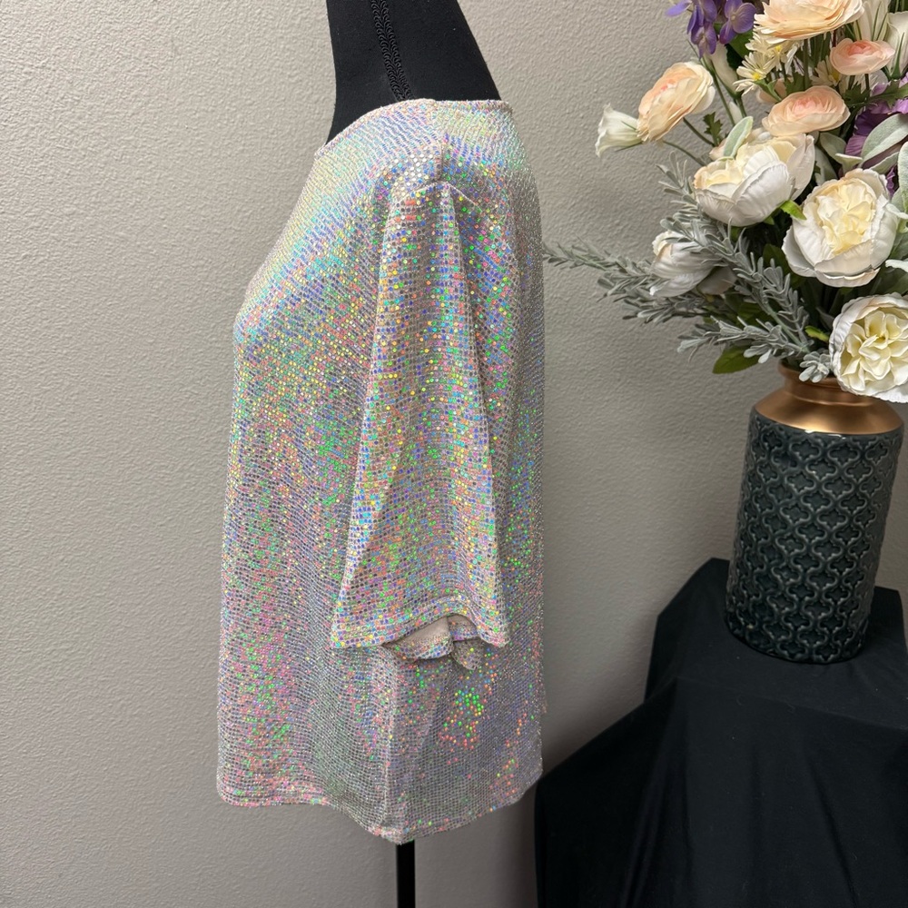 Cherish Holographic Sequin Mesh Top | Iridescent Party Holiday Blouse - Picture 2 of 6